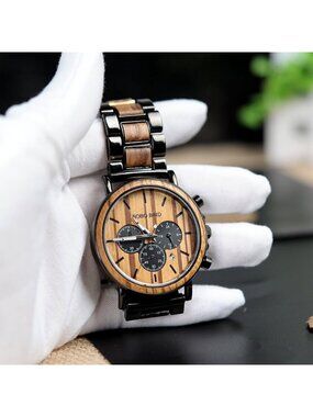 Men's Custom Watche Wood & Stainless Steel Combined Chronograph Military Quartz